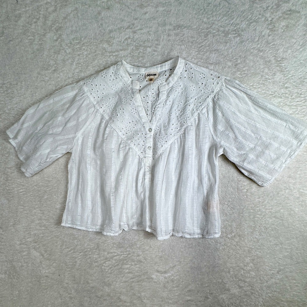Dizzire Crop Eyelet Blouse Women Medium White Cottagecore Boho Cotton Top